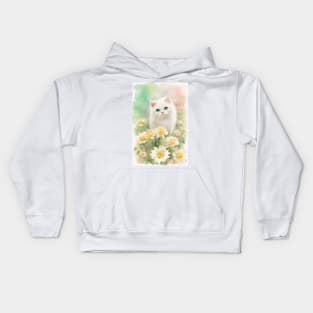 Happy White Cat in the Flower Garden Soft Pastel Colors Kids Hoodie